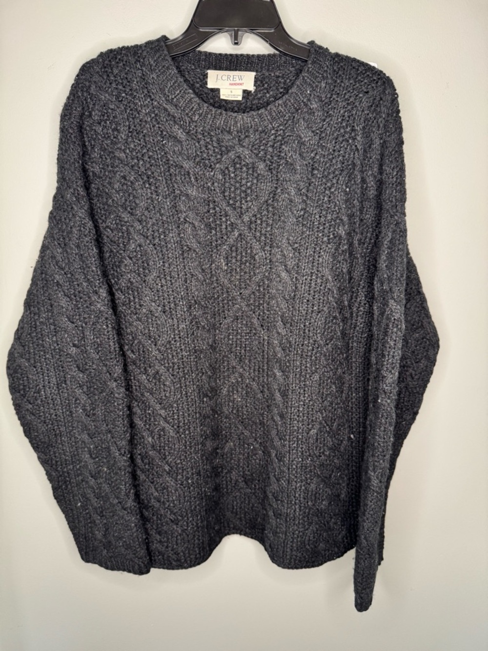 J Crew Men’s Black Cable Hand Knit Fisherman Crewneck Shetland Wool Sweater - S